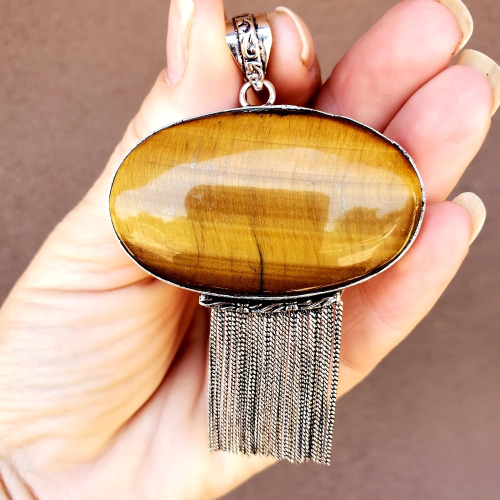 New Huge Unique Tiger Eye 925 Silver Pendant.